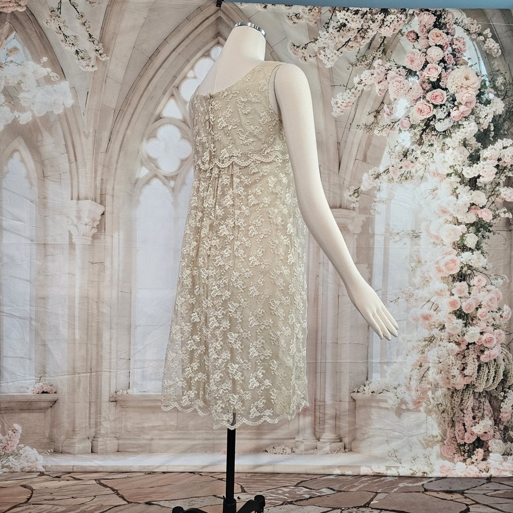 Vintage 1960's Dress Shift Beige Lace Overlay Empire Waist Mod Formal - Picture 10 of 14